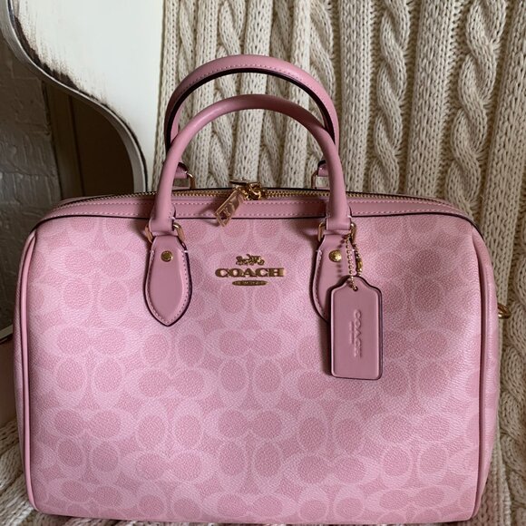 NWT  Coach Rowan large satchel bag in signature canvas Gold/Powder Pink - Picture 1 of 3
